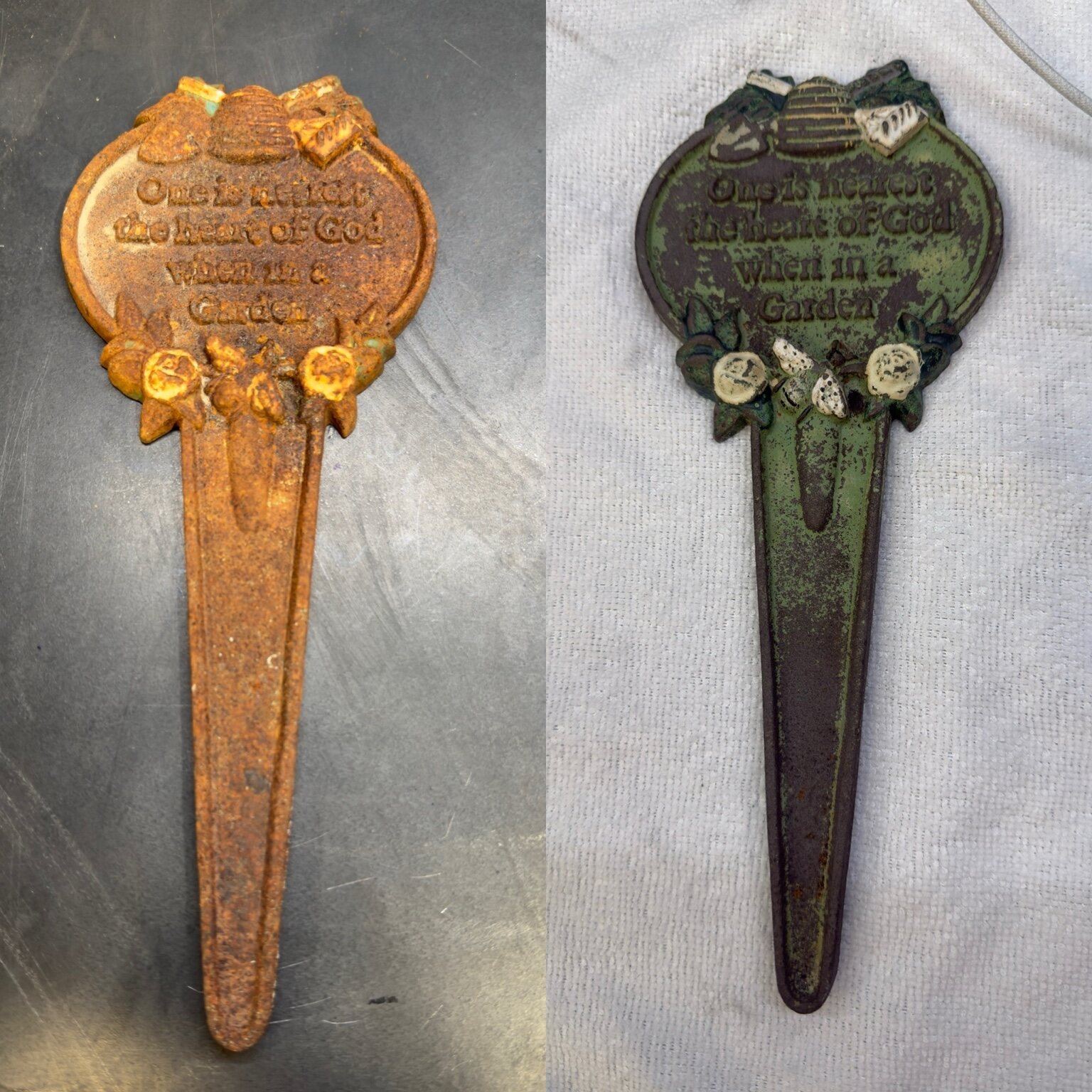 Decorative metal garden marker before and after oxidation removal