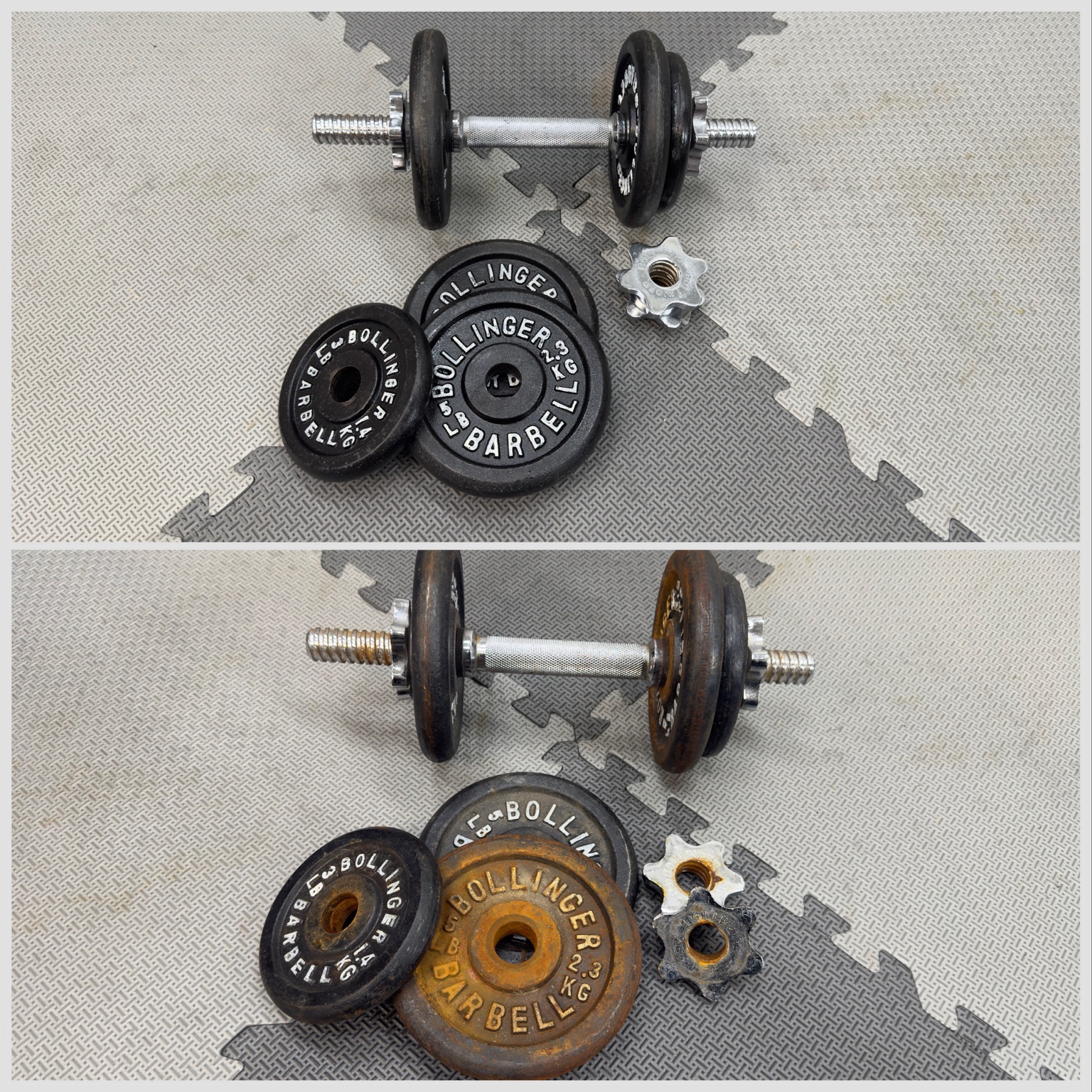 Weights before and after rust removal